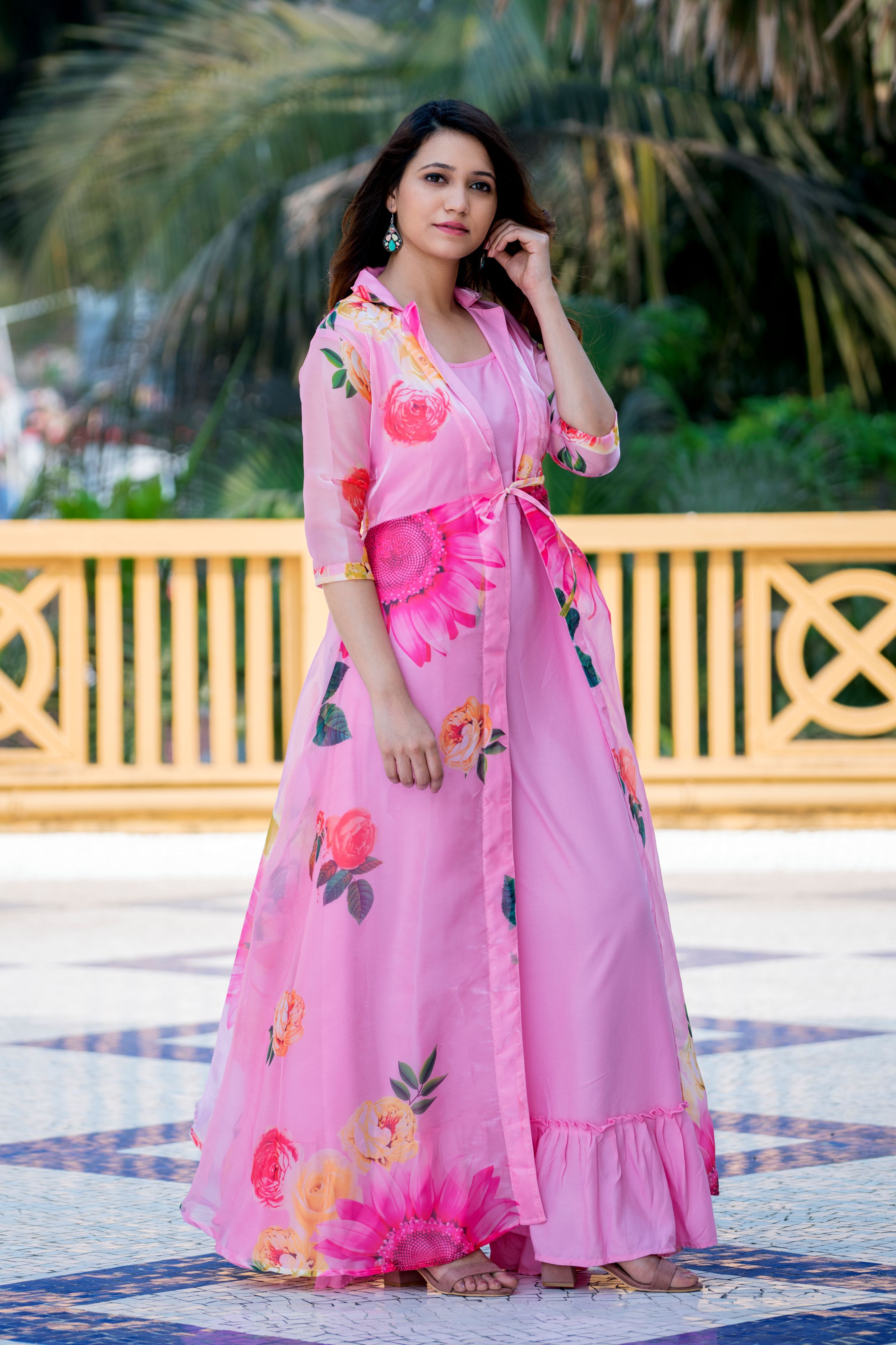 Pink Floral Party Wear Maxi Dress With Shrugs- FunkyTeesClub