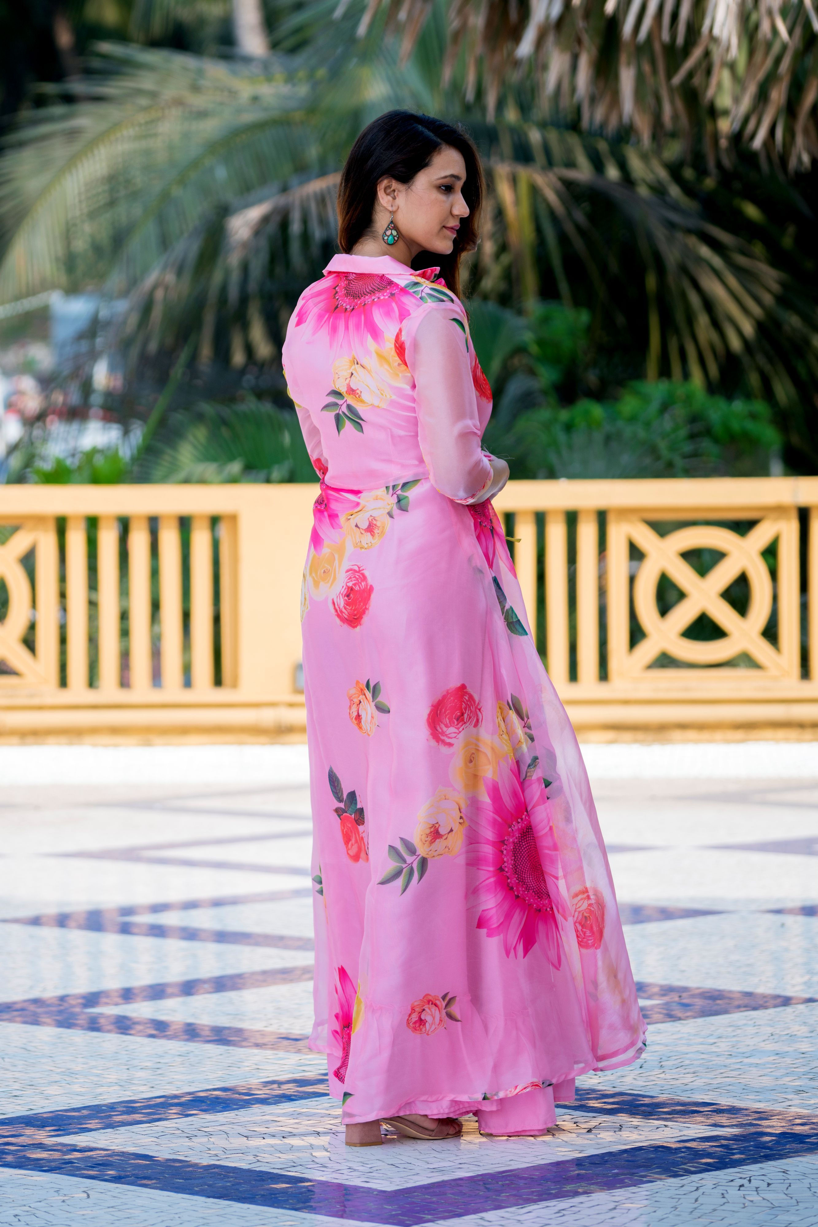 Pink Floral Party Wear Maxi Dress With Shrugs- FunkyTeesClub