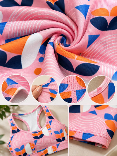 Pink athletic sports bra with a colorful geometric pattern of orange, blue, and white, shown in a multi-view collage including a main fabric close-up, four circular detail insets, and two smaller views of the bra on a neutral background.