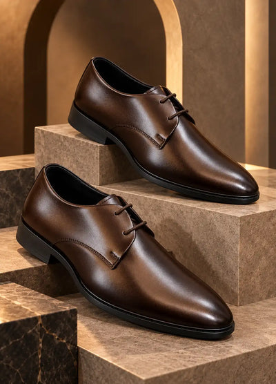 Pair of brown faux leather lace-up dress shoes with pointed toes and black soles
