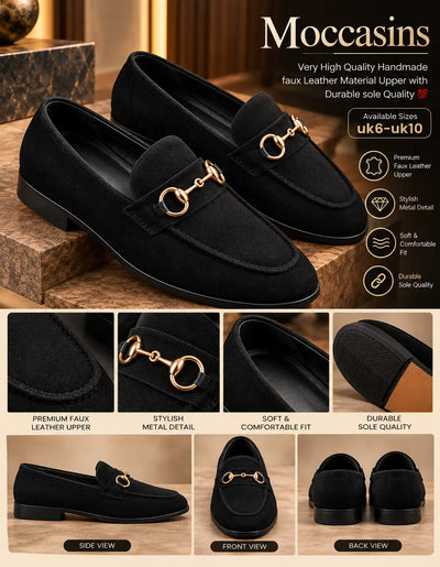 Black suede-look horsebit moccasins with gold-tone metal detail and low-profile soles