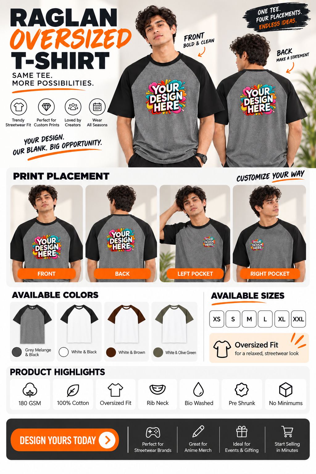 Promotional graphic for an oversized Raglan t-shirt mockup. The top section shows two models wearing the front and back views of a black and gray t-shirt with a colorful 'Your Design Here' graphic printed on the chest.