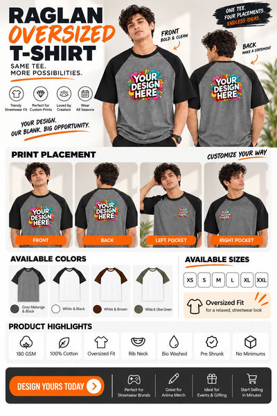 Promotional graphic for an oversized Raglan t-shirt mockup. The top section shows two models wearing the front and back views of a black and gray t-shirt with a colorful 'Your Design Here' graphic printed on the chest.
