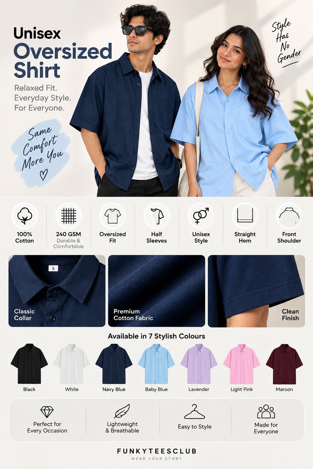 Promotional graphic for an oversized unisex short-sleeve shirt by Funkty Tees Club, showing a man in a navy version and a woman in a light blue version, with feature icons, fabric close-ups, and a row of available colors.