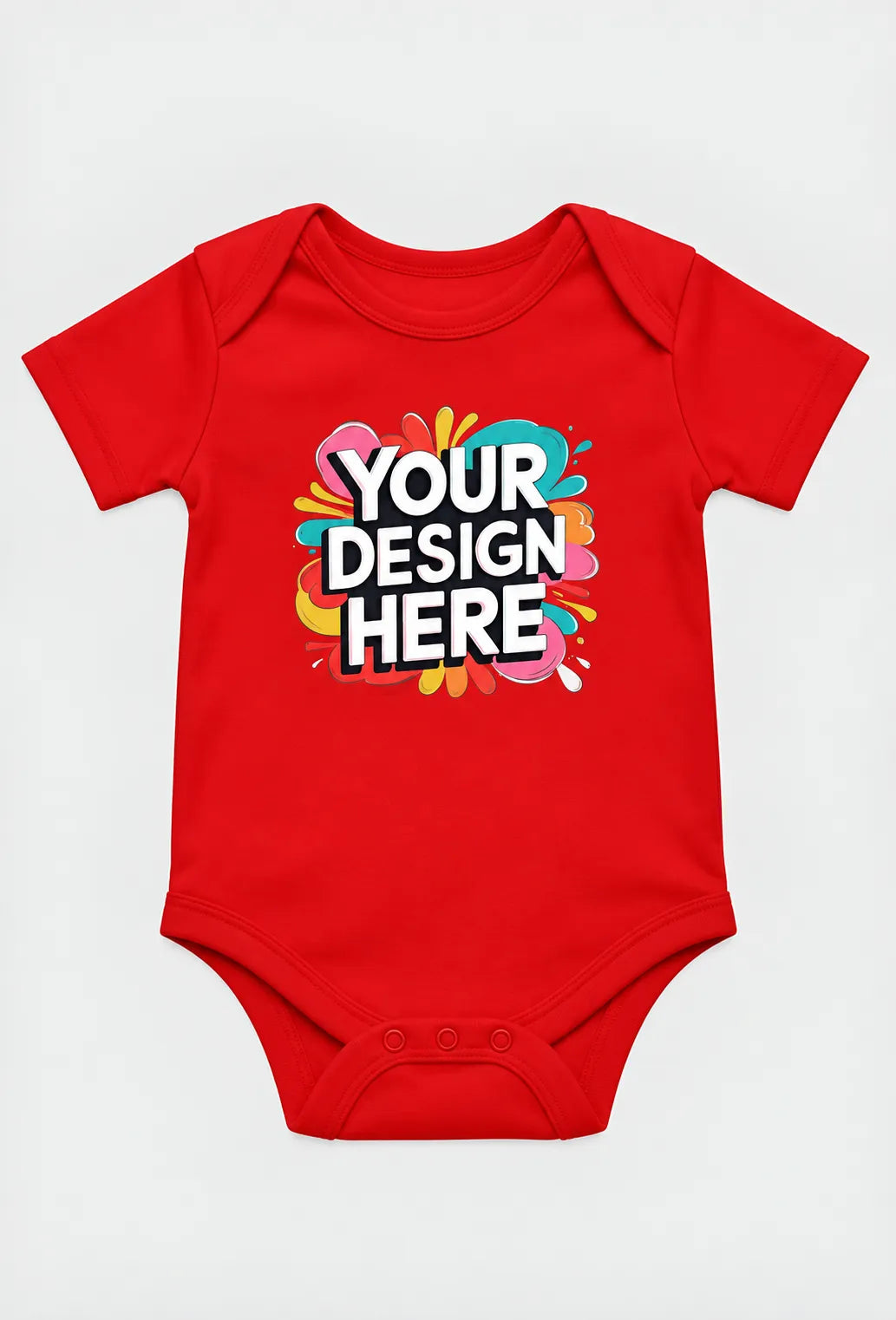 Red baby short-sleeve romper with colorful “Your design here” printed graphic