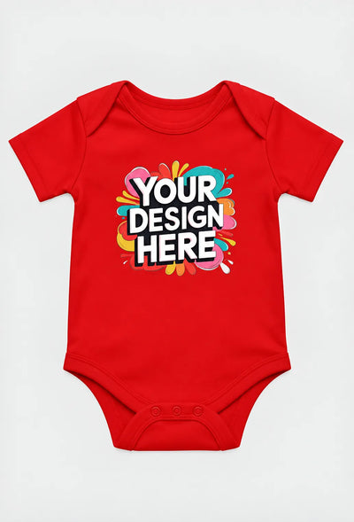 Red baby short-sleeve romper with colorful “Your design here” printed graphic