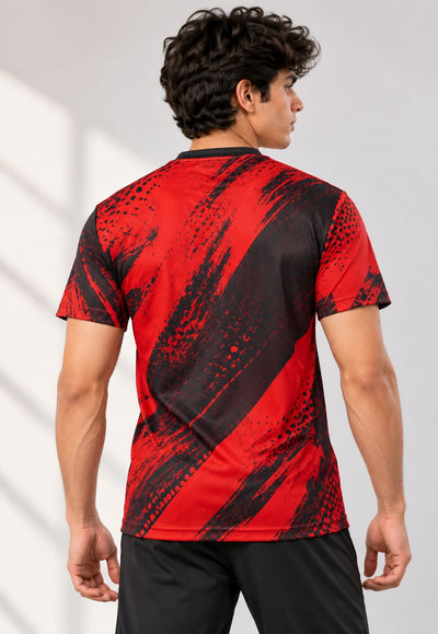 Red and black custom AOP sports T-shirt back view