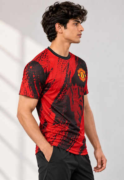 Red and black custom AOP sports T-shirt side view