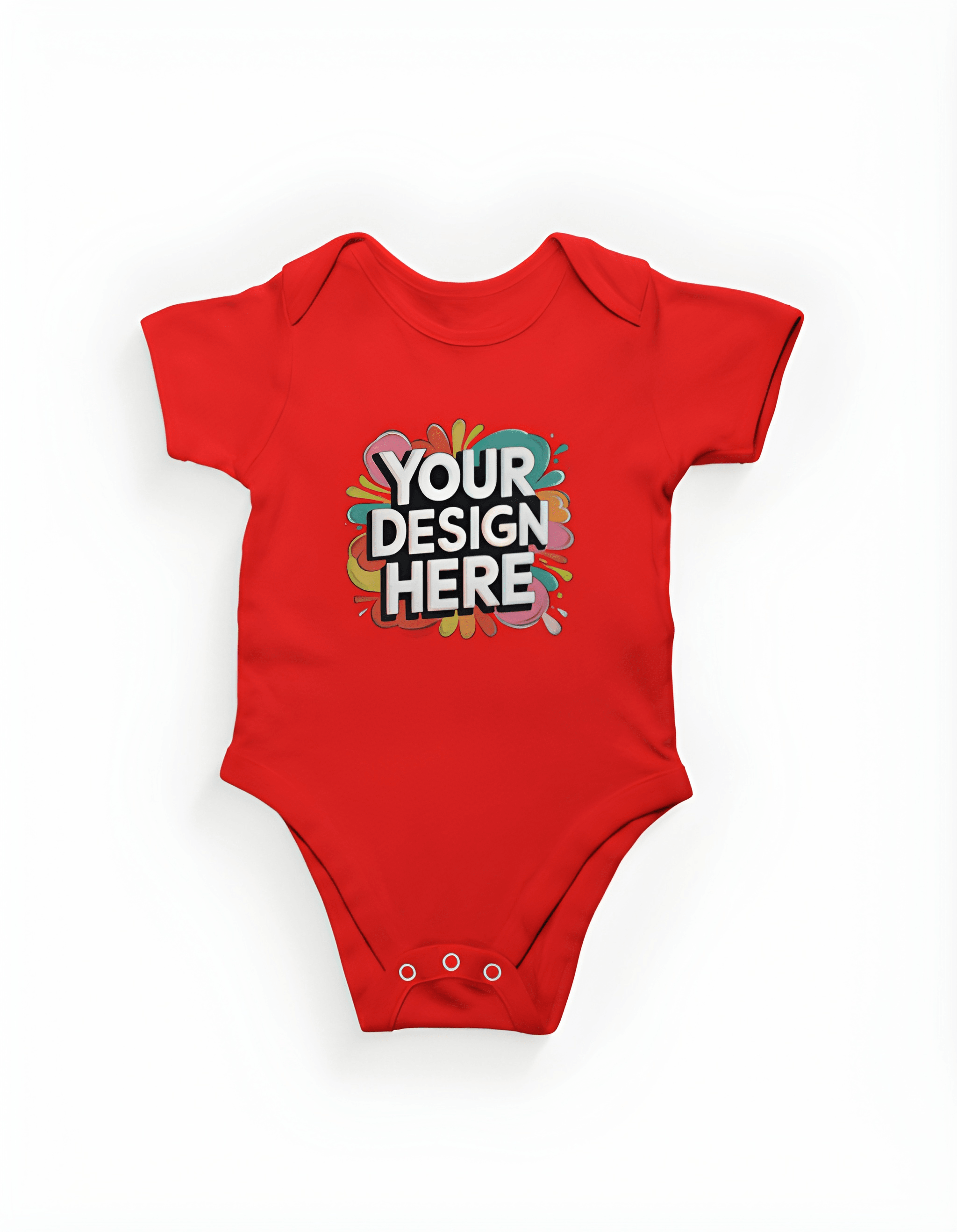 Red baby onesie with 'Your Design Here' text on a white background
