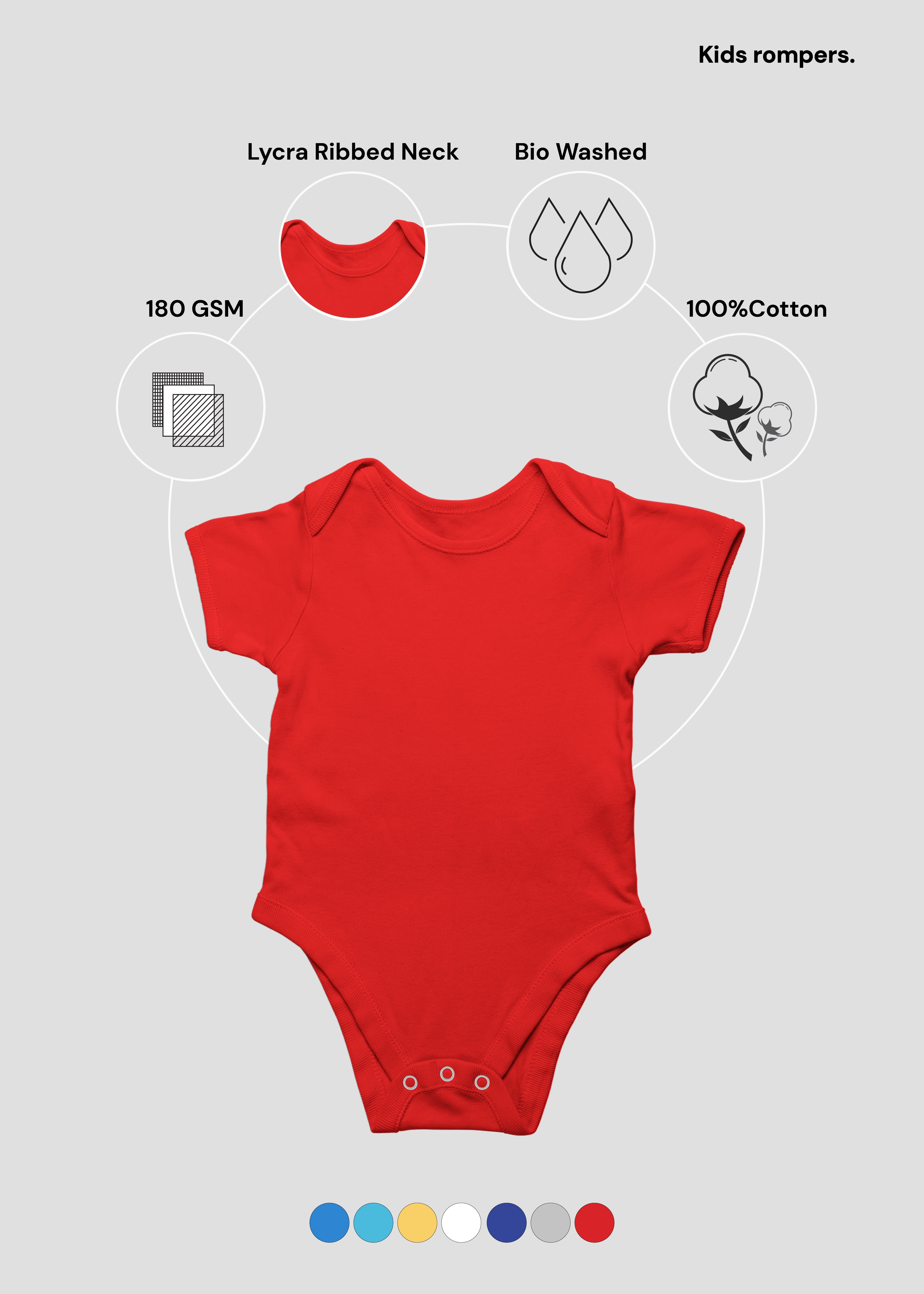 Red baby romper with material information on a gray background