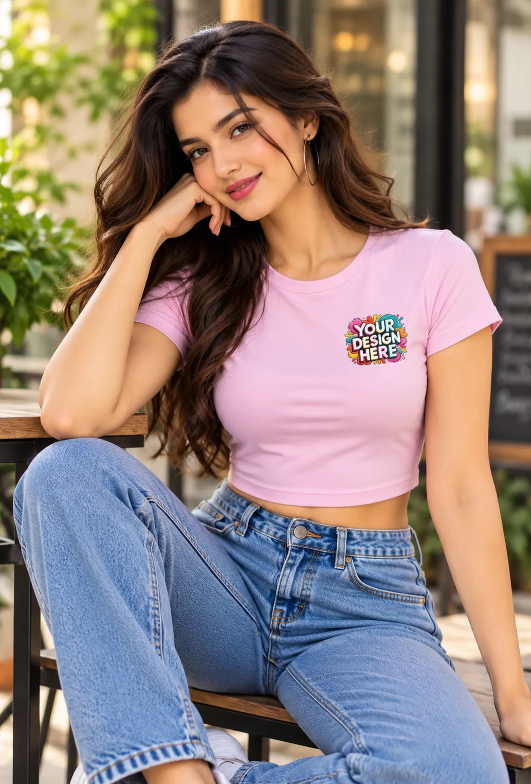 Women’s pink cropped baby tee with custom graphic print on the front