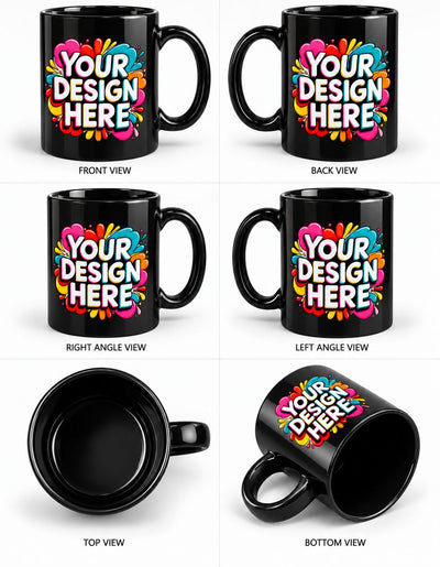 Six product views of a black ceramic mug on a white background, showing front, back, right angle, left angle, top, and bottom views. Each view features a colorful abstract paint splatter graphic with the text 'YOUR DESIGN HERE' in white outlined lettering.