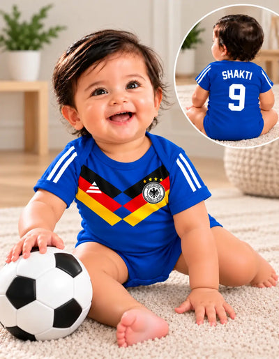 Baby boy soccer romper, royal blue with white sleeve stripes and colorful diamond team crest