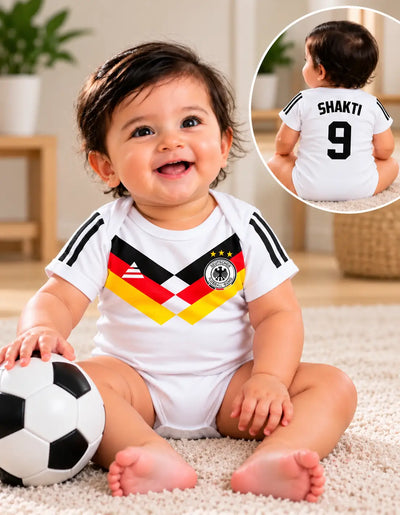 Baby boy soccer romper, white with black sleeve stripes and colorful diamond team crest
