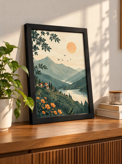 Framed mountain and valley poster with birds, orange flowers, and glowing sun