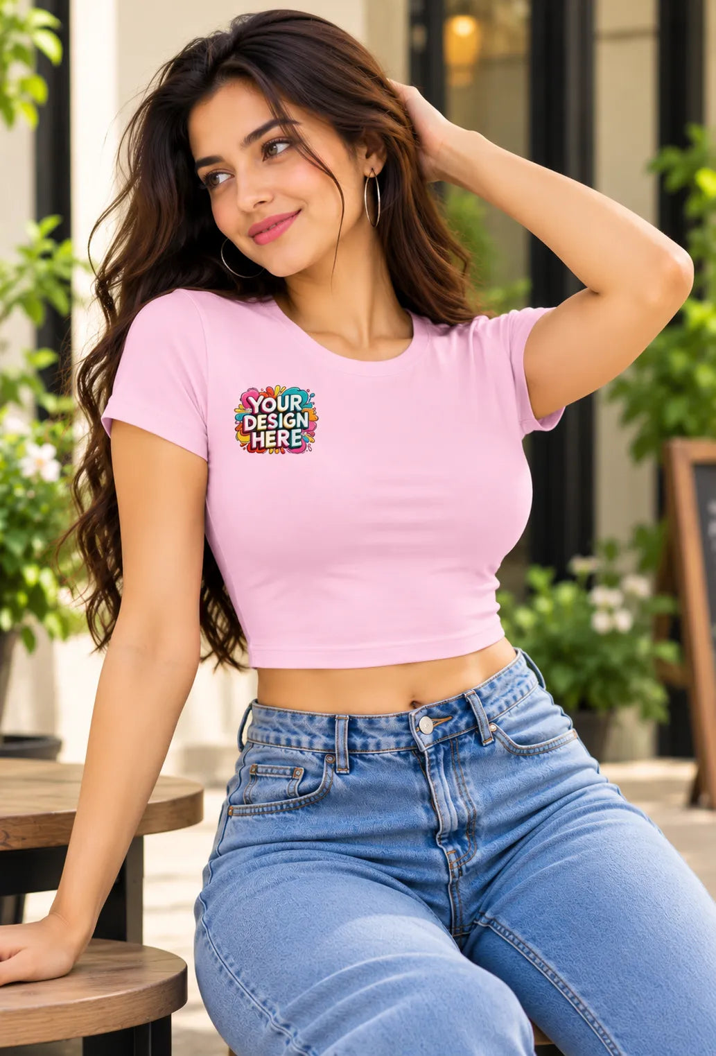 Pink cropped baby tee with colorful graphic print and short sleeves
