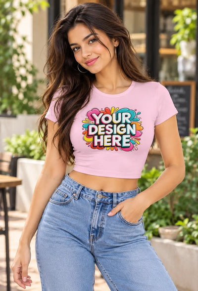 Women’s pink cropped baby tee with colorful custom graphic print on the front