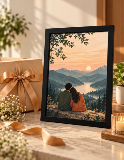 Framed landscape poster with sunset mountains, lake, and seated couple
