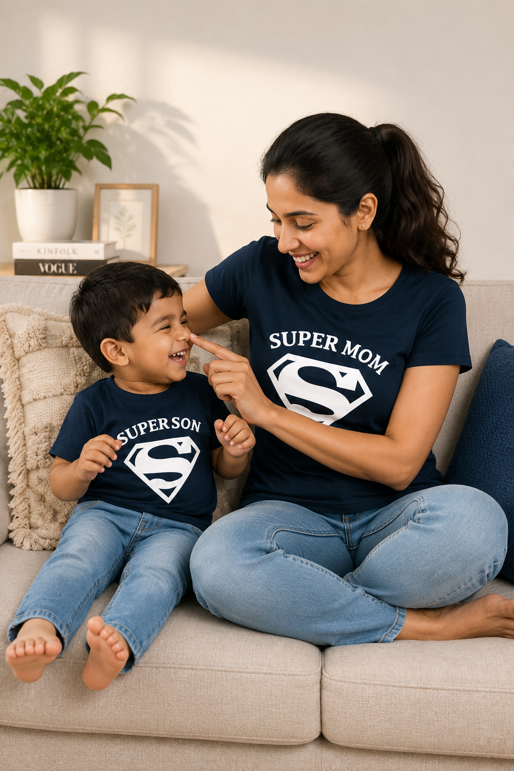 Woman and child sitting on a couch wearing matching 'Super Mom' and 'Super Son' shirts.