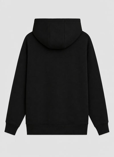 A black pullover hoodie shown from the back, photographed flat against a light gray background.