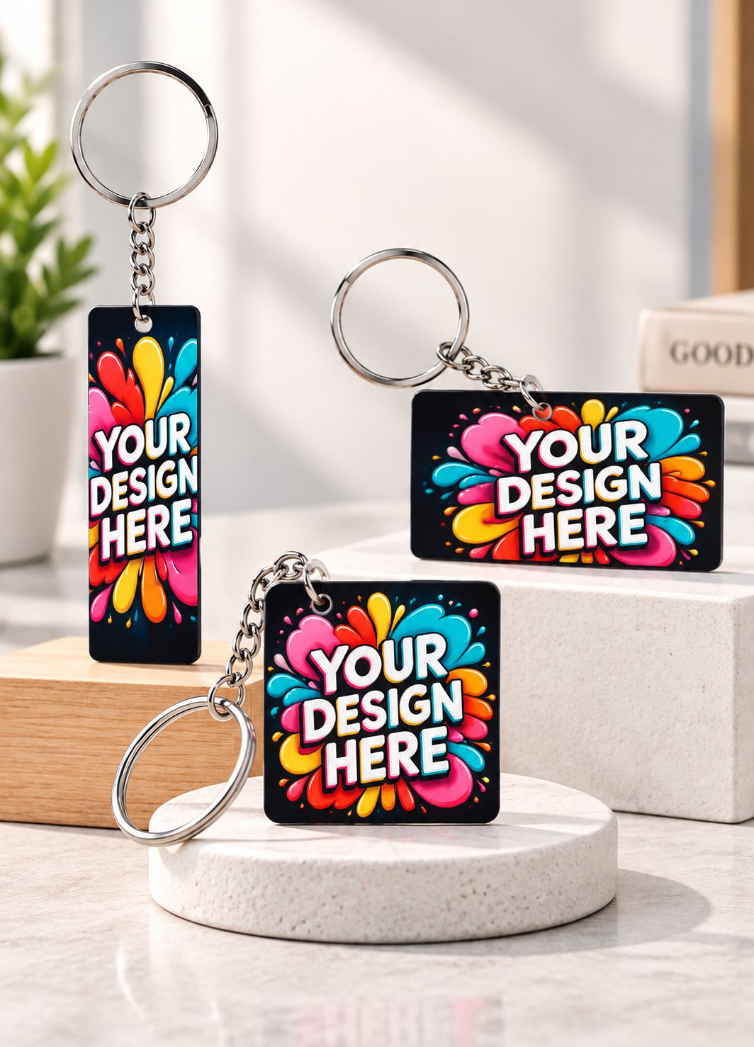 Three customizable acrylic keychains with colorful paint splatter designs and the text 'YOUR DESIGN HERE' on a black background, displayed on a marble surface with decorative blocks and a plant.