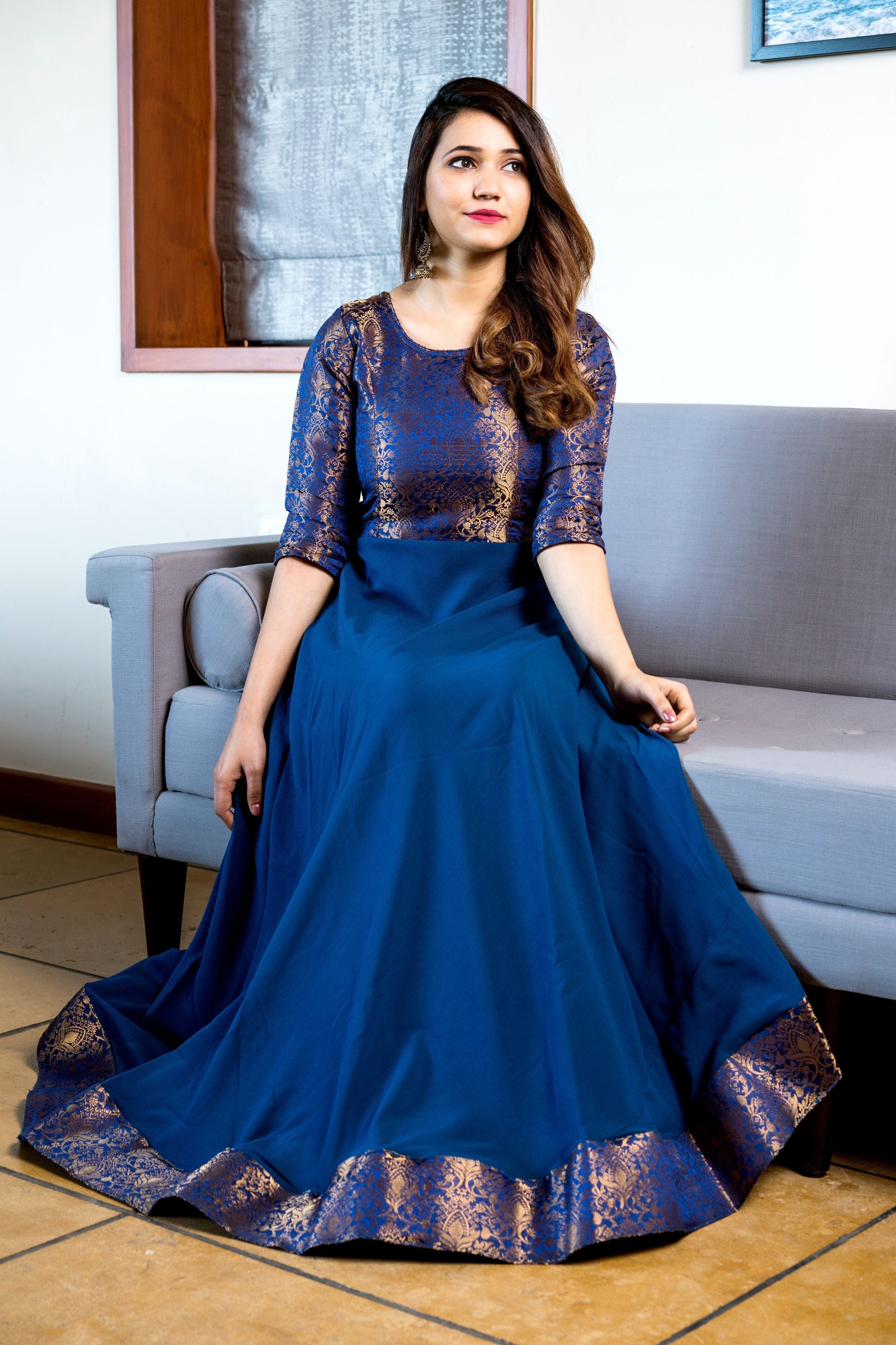 Turquoise Blue Woven Designer Wear Floor Length Gown- FunkyTeesClub