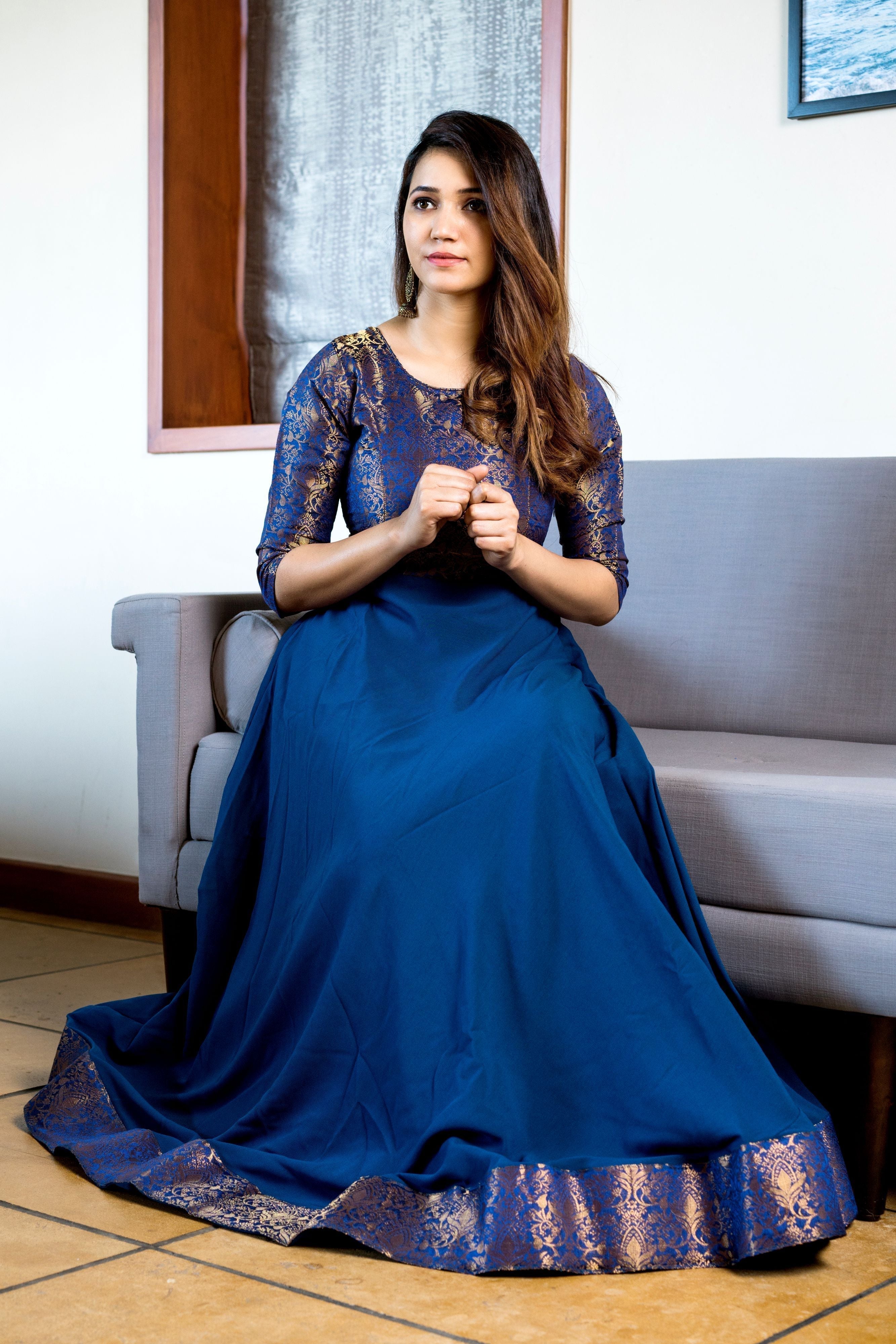 Turquoise Blue Woven Designer Wear Floor Length Gown- FunkyTeesClub