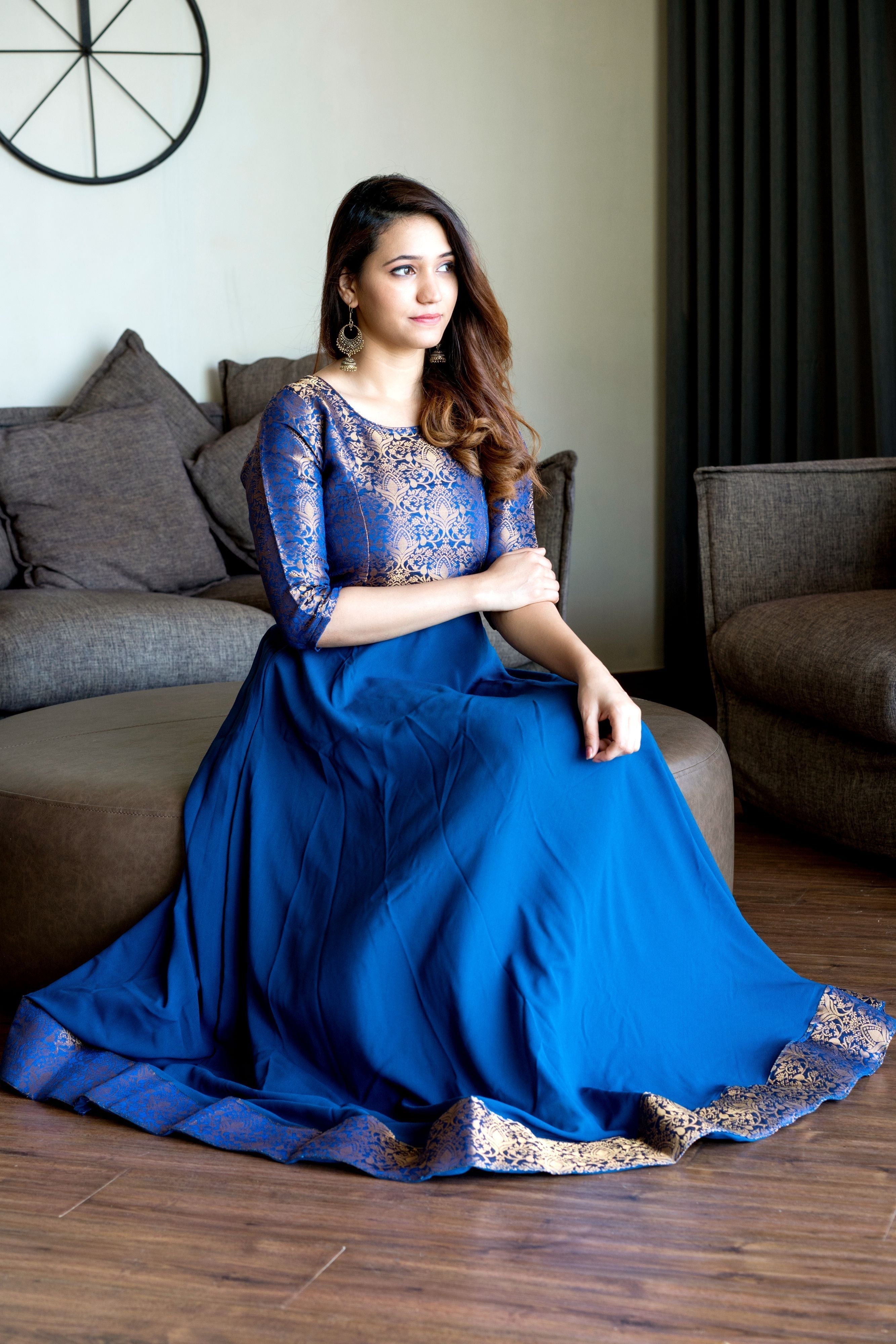 Turquoise Blue Woven Designer Wear Floor Length Gown- FunkyTeesClub