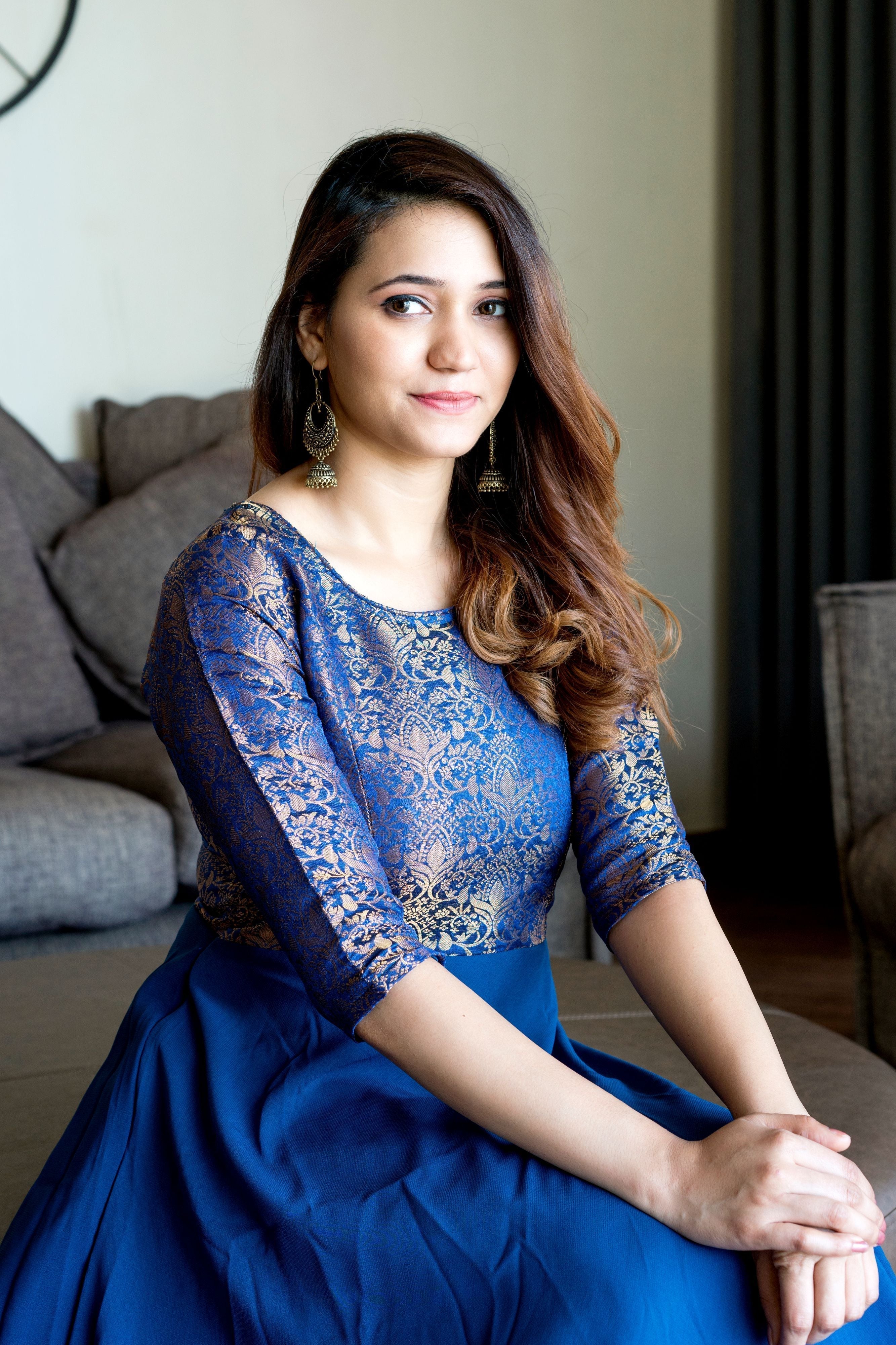 Turquoise Blue Woven Designer Wear Floor Length Gown- FunkyTeesClub