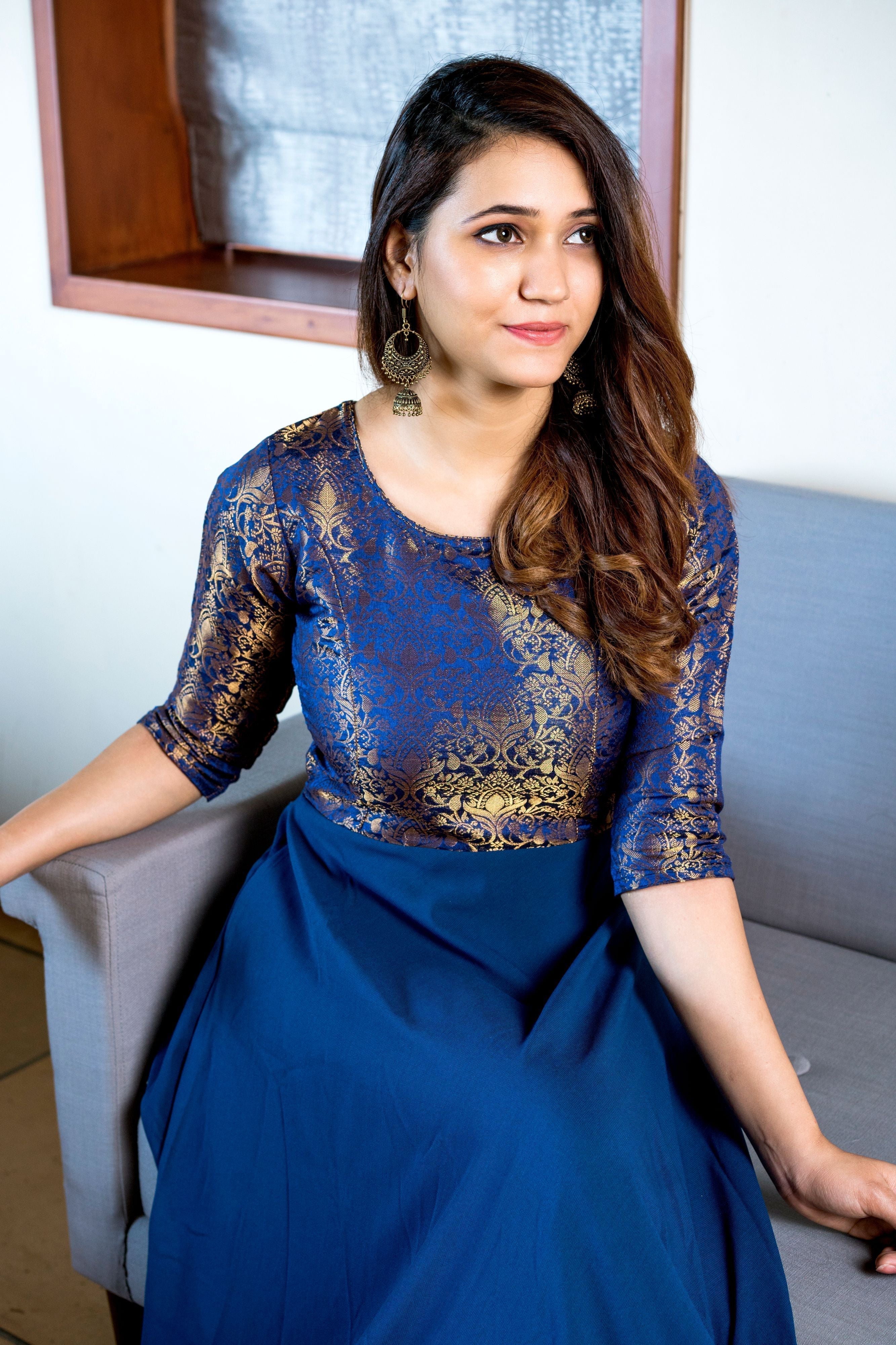 Turquoise Blue Woven Designer Wear Floor Length Gown- FunkyTeesClub