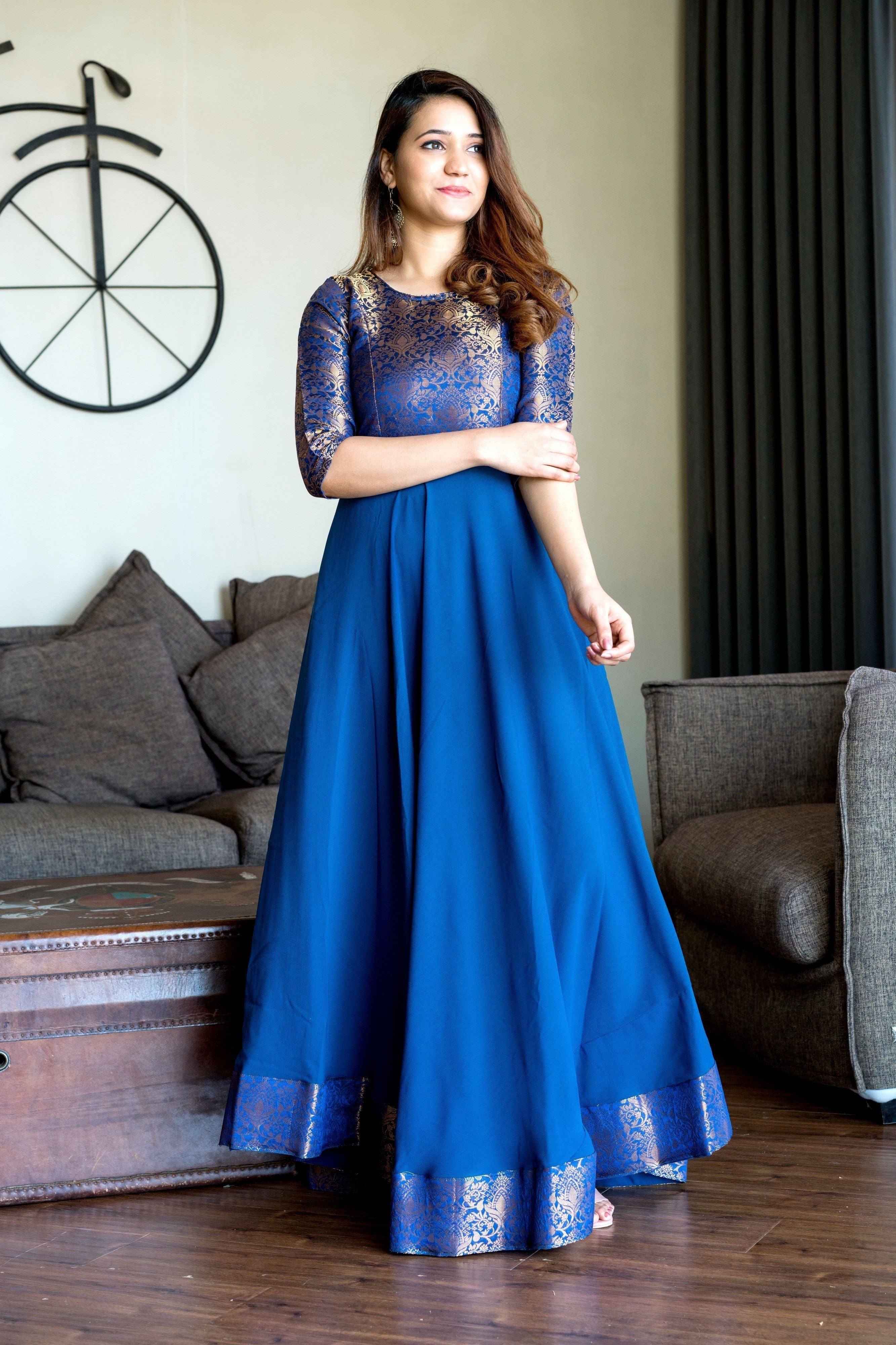 Turquoise Blue Woven Designer Wear Floor Length Gown- FunkyTeesClub