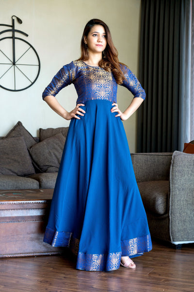 Turquoise Blue Woven Designer Wear Floor Length Gown- FunkyTeesClub