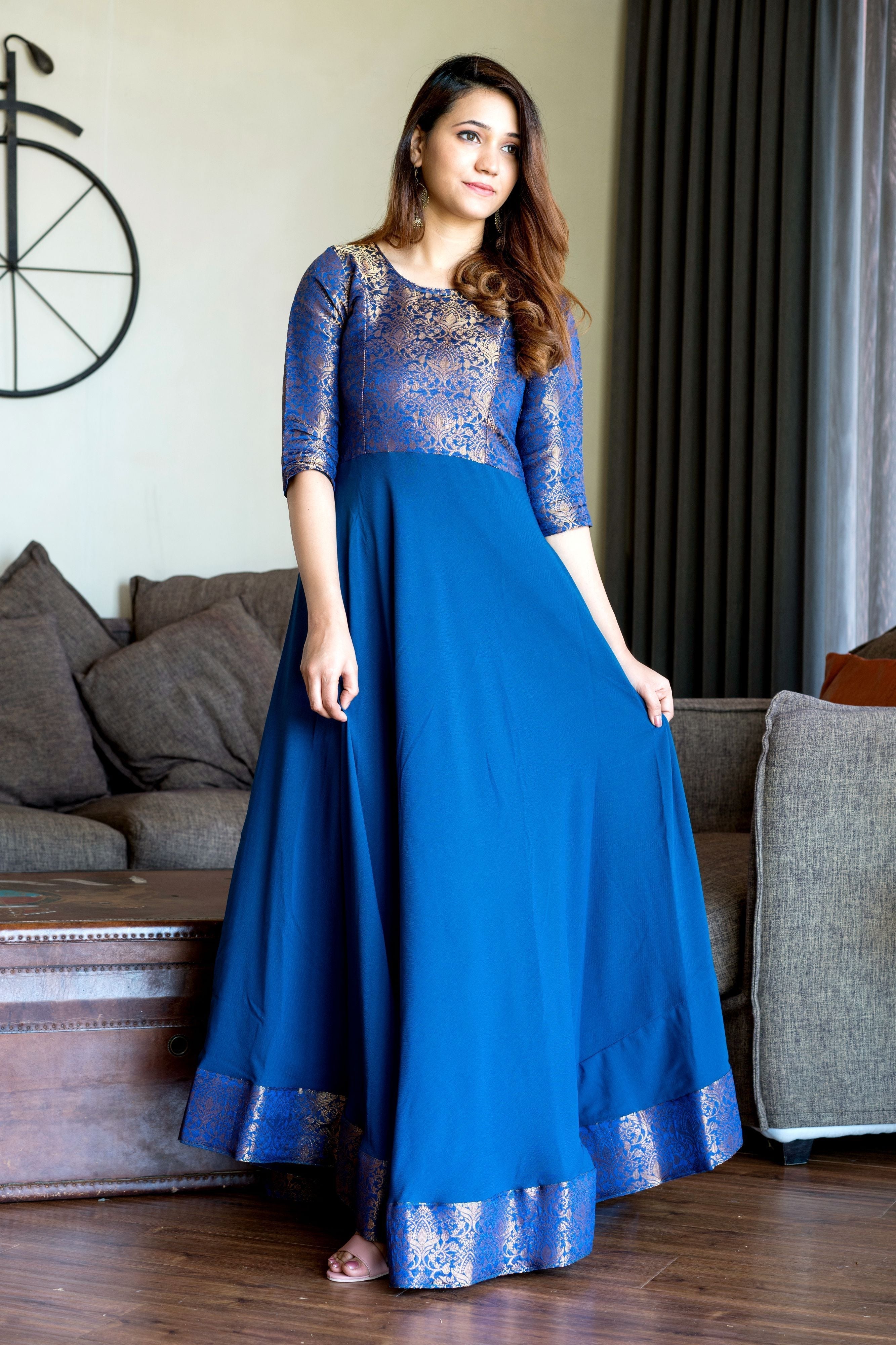 Turquoise Blue Woven Designer Wear Floor Length Gown- FunkyTeesClub