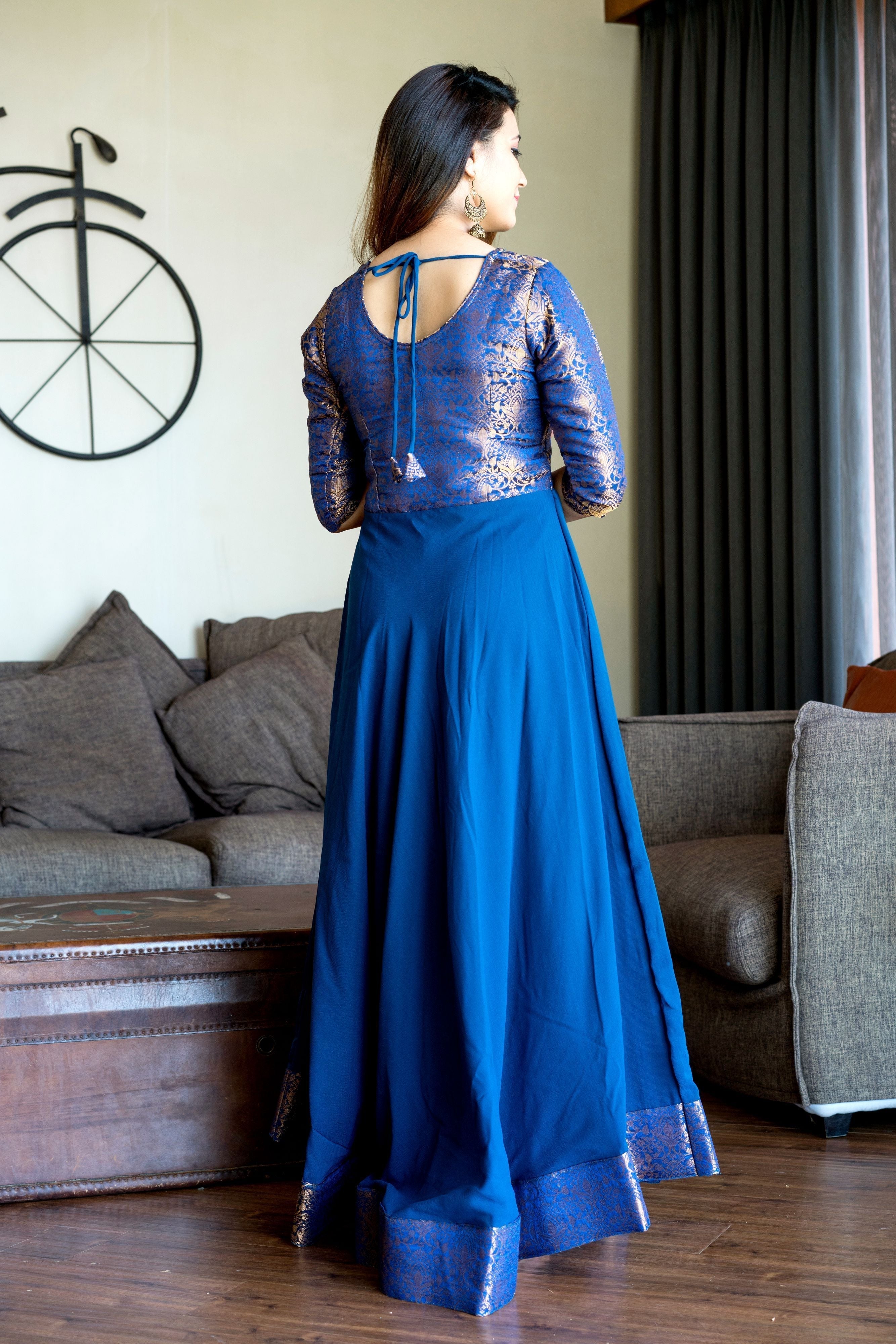 Turquoise Blue Woven Designer Wear Floor Length Gown- FunkyTeesClub