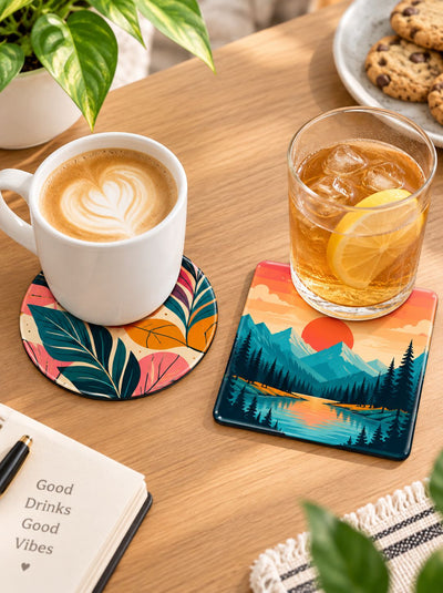 Two decorative coasters on a wooden table, one with a white coffee mug and the other under a glass of iced tea with a lemon slice. The coasters feature colorful tropical leaf patterns and a scenic mountain sunset print.