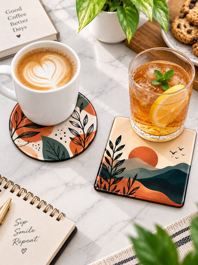 Two decorative flatware coasters on a white marble tabletop, styled with a white coffee mug and a glass of iced tea with a lemon slice. The coasters feature colorful botanical and landscape designs.