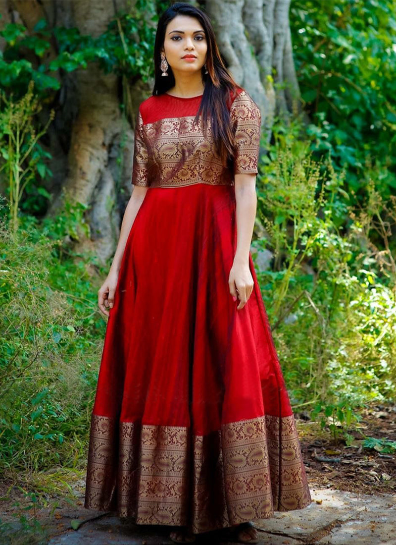 Pleasance Tomato Red Colored Festive Wear Weaving Jacquard Silk Gown-FunkyTeesClub