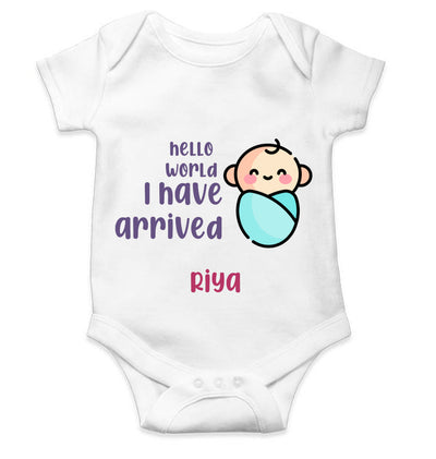 Custom Name Hello World I Have Arrived New Born Rompers for Baby Girl- FunkyTeesClub