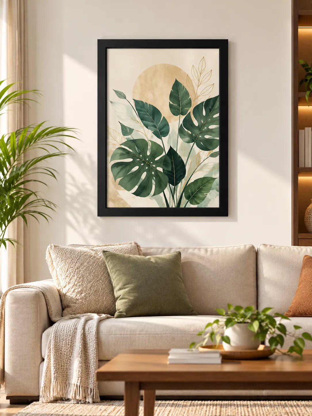 Framed botanical art poster with large green leaves and beige background