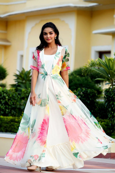 White Floral Party Wear Maxi Dress With Shrugs- FunkyTeesClub