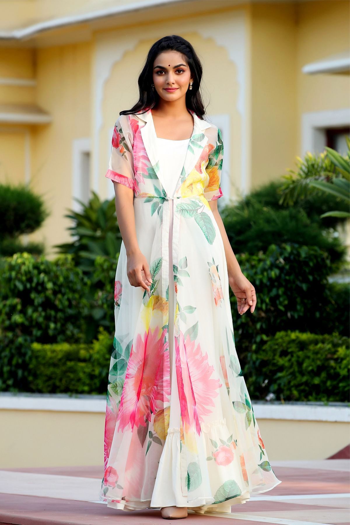 White Floral Party Wear Maxi Dress With Shrugs- FunkyTeesClub