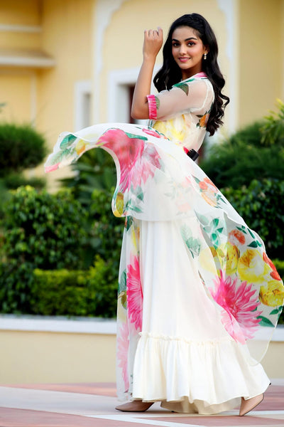 White Floral Party Wear Maxi Dress With Shrugs- FunkyTeesClub