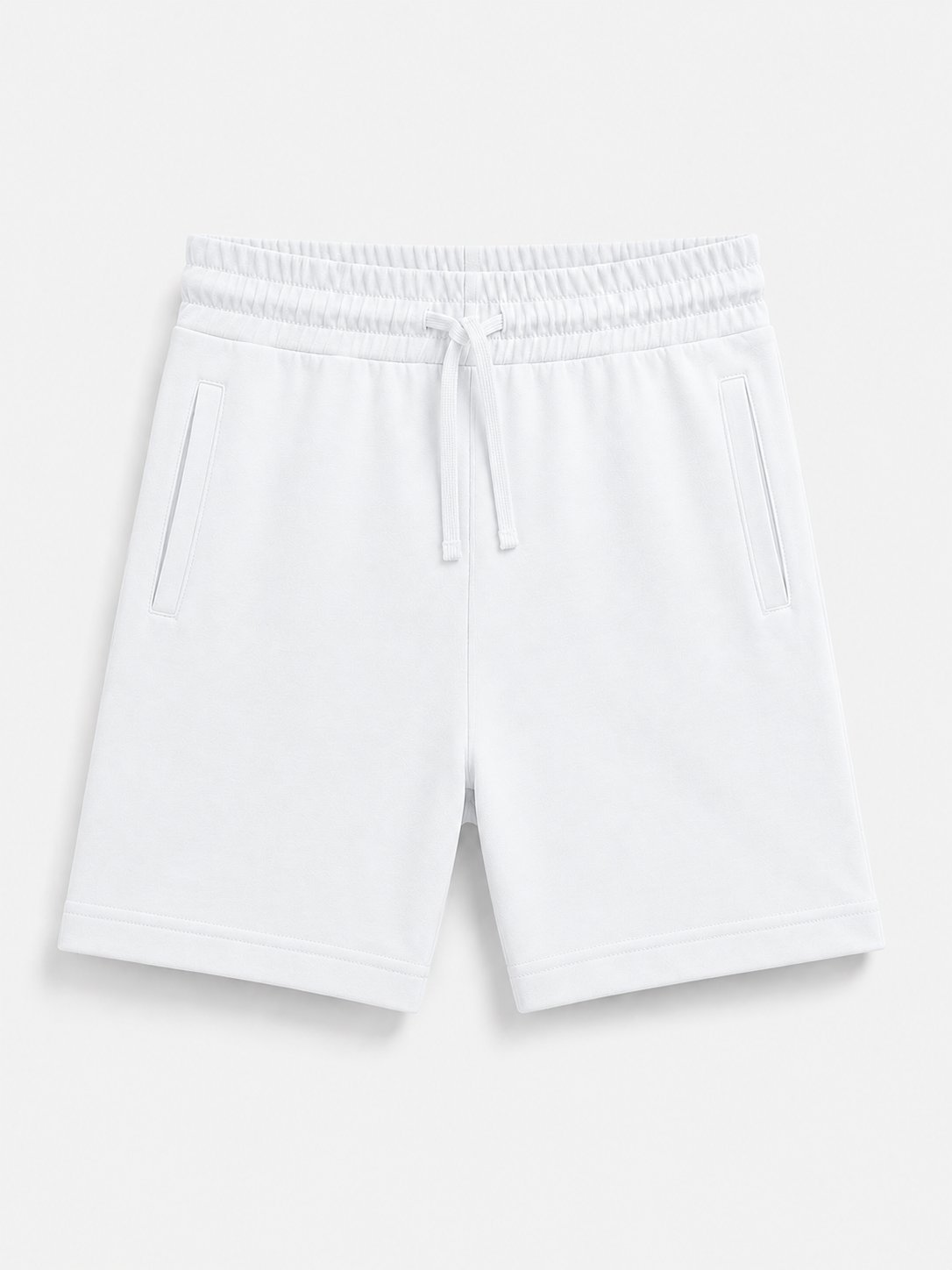 White drawstring shorts with side pockets, photographed flat against a light gray background.