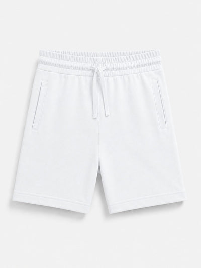 White drawstring shorts with side pockets, photographed flat against a light gray background.
