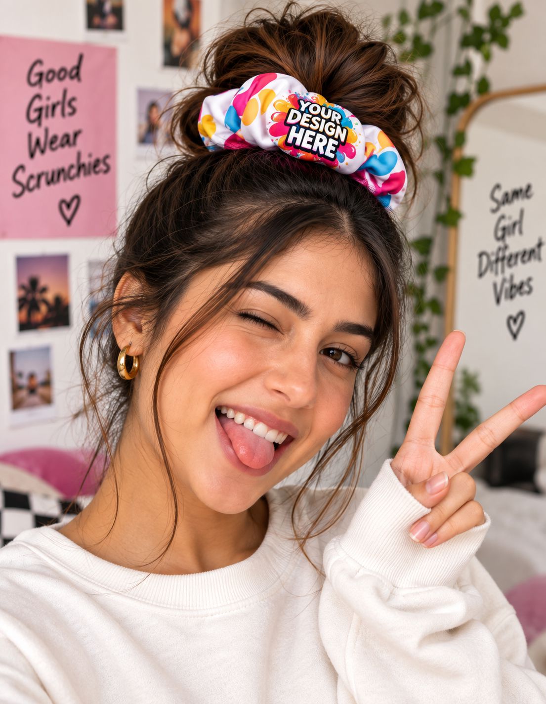 Woman wearing a custom printed scrunchie in a stylish messy bun