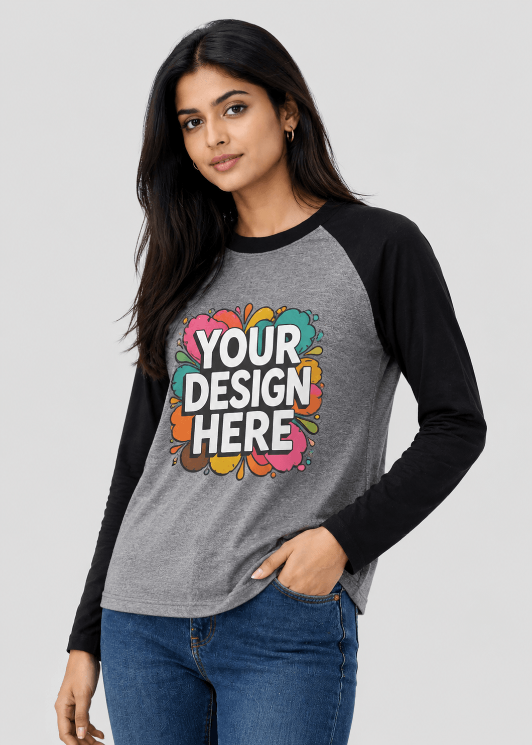 Woman wearing a gray and black baseball shirt with 'Your Design Here' text on a plain background