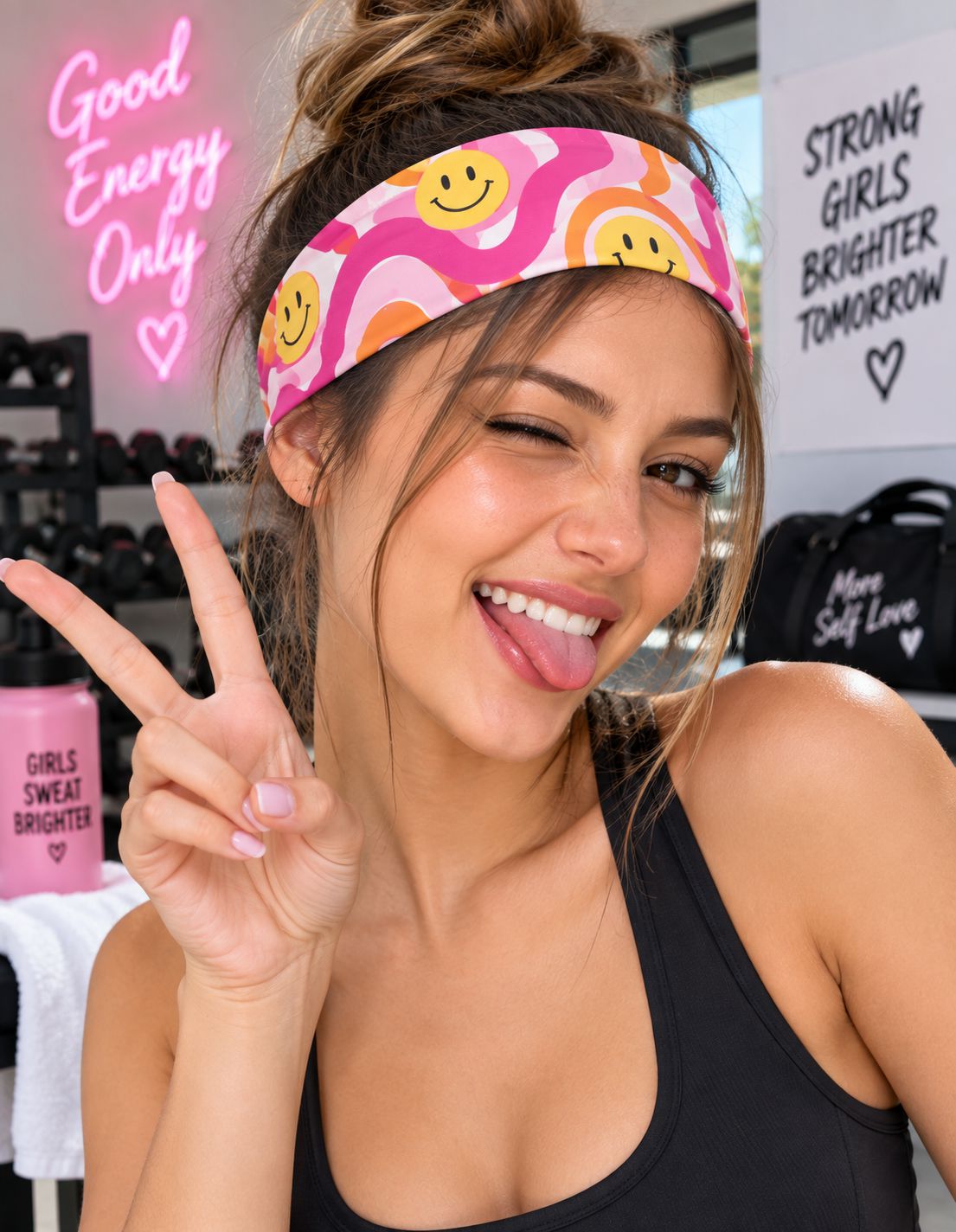Woman wearing colorful custom printed headband