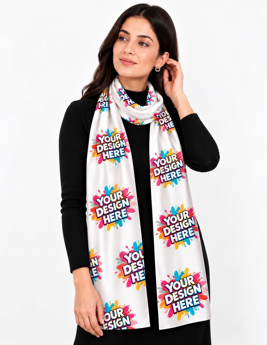 Woman wearing colorful custom printed stole with black outfit