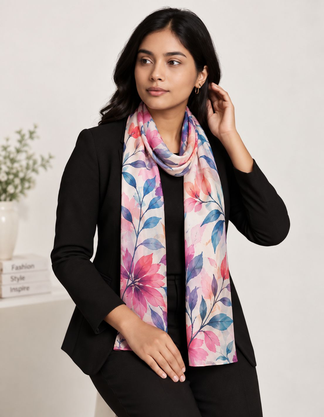 Woman wearing colorful personalized custom printed stole