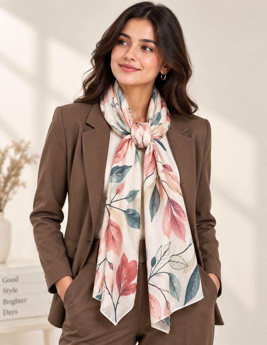 Woman wearing floral custom stole with brown blazer